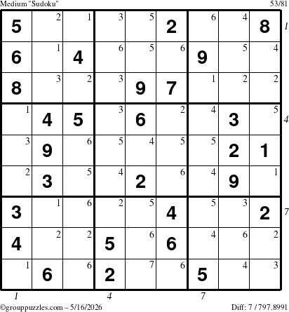 The grouppuzzles.com Medium Sudoku puzzle for Saturday May 16, 2026 with all 7 steps marked