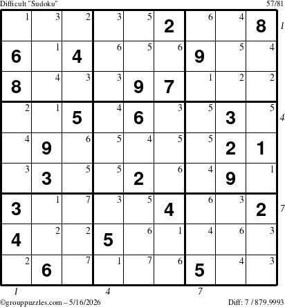 The grouppuzzles.com Difficult Sudoku puzzle for Saturday May 16, 2026 with all 7 steps marked