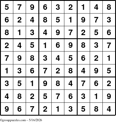 The grouppuzzles.com Answer grid for the Sudoku puzzle for Saturday May 16, 2026