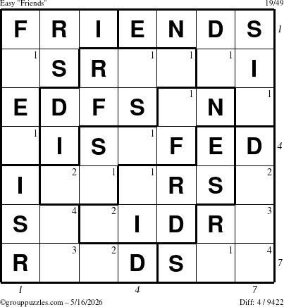 The grouppuzzles.com Easy Friends puzzle for Saturday May 16, 2026, suitable for printing, with all 4 steps marked
