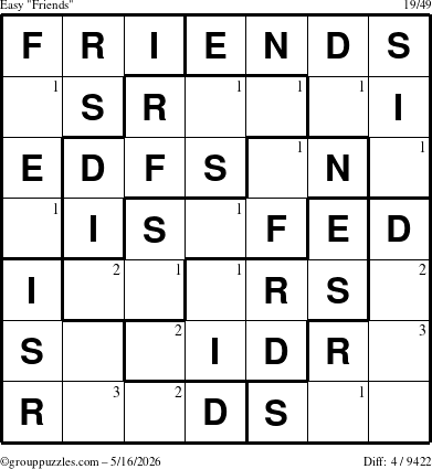 The grouppuzzles.com Easy Friends puzzle for Saturday May 16, 2026 with the first 3 steps marked