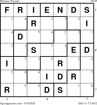 The grouppuzzles.com Medium Friends puzzle for Saturday May 16, 2026 with all 6 steps marked