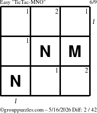 The grouppuzzles.com Easy TicTac-MNO puzzle for Saturday May 16, 2026, suitable for printing, with all 2 steps marked