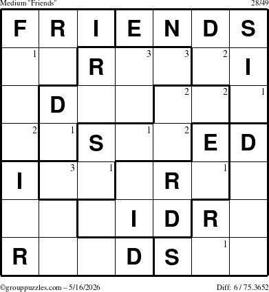 The grouppuzzles.com Medium Friends puzzle for Saturday May 16, 2026 with the first 3 steps marked