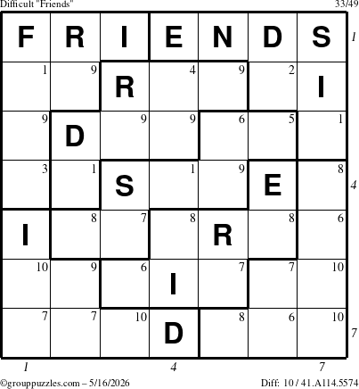 The grouppuzzles.com Difficult Friends puzzle for Saturday May 16, 2026 with all 10 steps marked