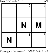 The grouppuzzles.com Easy TicTac-MNO puzzle for Saturday May 16, 2026 with the first 2 steps marked