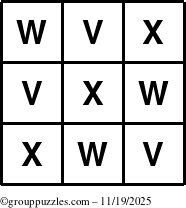 The grouppuzzles.com Answer grid for the TicTac-VWX puzzle for Wednesday November 19, 2025
