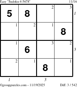 The grouppuzzles.com Easy Sudoku-4-5678 puzzle for Wednesday November 19, 2025 with all 3 steps marked