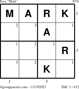 The grouppuzzles.com Easy Mark puzzle for Wednesday November 19, 2025 with all 3 steps marked