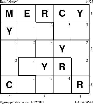 The grouppuzzles.com Easy Mercy puzzle for Wednesday November 19, 2025 with all 4 steps marked