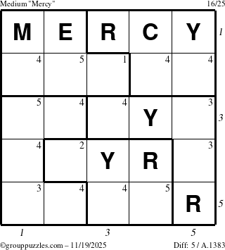 The grouppuzzles.com Medium Mercy puzzle for Wednesday November 19, 2025, suitable for printing, with all 5 steps marked