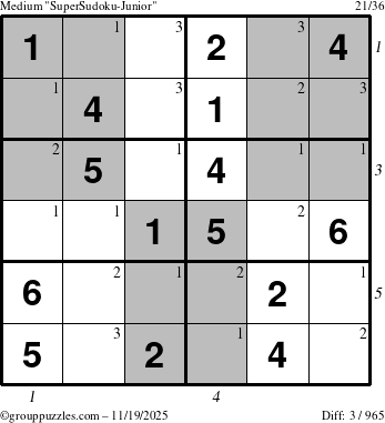 The grouppuzzles.com Medium SuperSudoku-Junior puzzle for Wednesday November 19, 2025 with all 3 steps marked