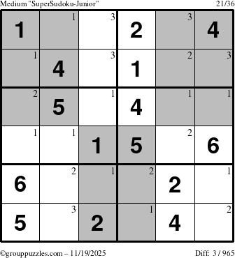 The grouppuzzles.com Medium SuperSudoku-Junior puzzle for Wednesday November 19, 2025 with the first 3 steps marked