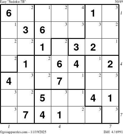 The grouppuzzles.com Easy Sudoku-7B puzzle for Wednesday November 19, 2025, suitable for printing, with all 4 steps marked