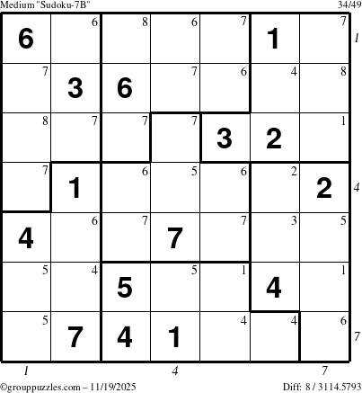 The grouppuzzles.com Medium Sudoku-7B puzzle for Wednesday November 19, 2025, suitable for printing, with all 8 steps marked