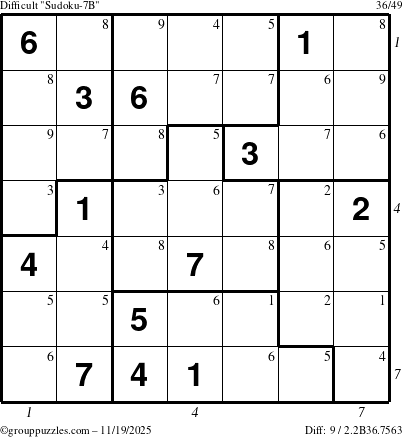 The grouppuzzles.com Difficult Sudoku-7B puzzle for Wednesday November 19, 2025 with all 9 steps marked