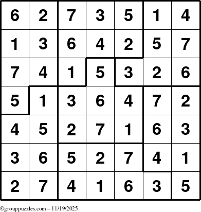 The grouppuzzles.com Answer grid for the Sudoku-7B puzzle for Wednesday November 19, 2025