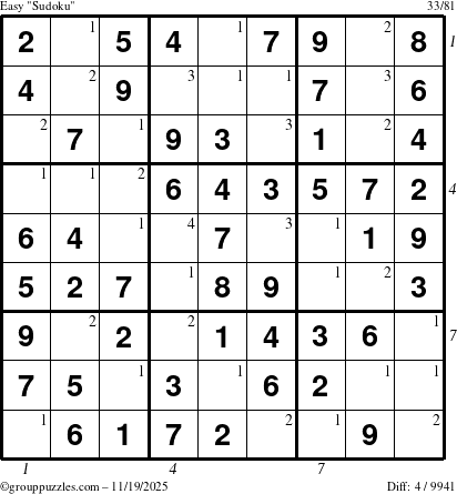 The grouppuzzles.com Easy Sudoku puzzle for Wednesday November 19, 2025, suitable for printing, with all 4 steps marked
