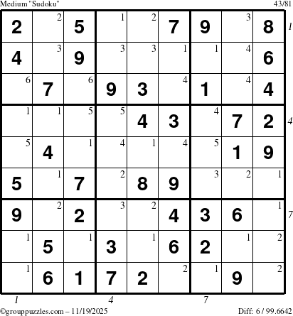 The grouppuzzles.com Medium Sudoku puzzle for Wednesday November 19, 2025, suitable for printing, with all 6 steps marked