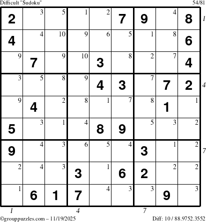 The grouppuzzles.com Difficult Sudoku puzzle for Wednesday November 19, 2025 with all 10 steps marked
