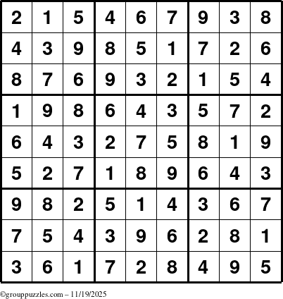 The grouppuzzles.com Answer grid for the Sudoku puzzle for Wednesday November 19, 2025