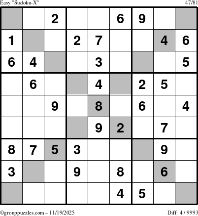 The grouppuzzles.com Easy Sudoku-X puzzle for Wednesday November 19, 2025