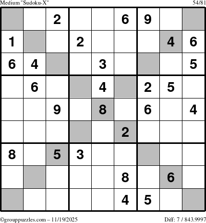 The grouppuzzles.com Medium Sudoku-X puzzle for Wednesday November 19, 2025