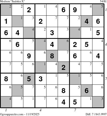 The grouppuzzles.com Medium Sudoku-X puzzle for Wednesday November 19, 2025 with all 7 steps marked