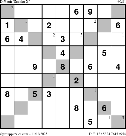 The grouppuzzles.com Difficult Sudoku-X puzzle for Wednesday November 19, 2025 with the first 3 steps marked