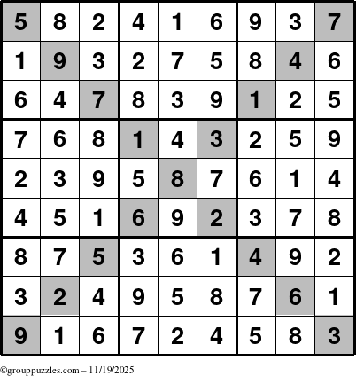 The grouppuzzles.com Answer grid for the Sudoku-X puzzle for Wednesday November 19, 2025