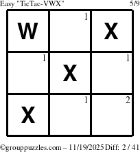 The grouppuzzles.com Easy TicTac-VWX puzzle for Wednesday November 19, 2025 with the first 2 steps marked