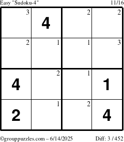 The grouppuzzles.com Easy Sudoku-4 puzzle for Saturday June 14, 2025 with the first 3 steps marked