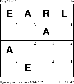 The grouppuzzles.com Easy Earl puzzle for Saturday June 14, 2025 with the first 3 steps marked