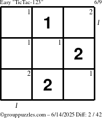 The grouppuzzles.com Easy TicTac-123 puzzle for Saturday June 14, 2025 with all 2 steps marked