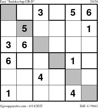 The grouppuzzles.com Easy Sudoku-6up-UR-D puzzle for Saturday June 14, 2025