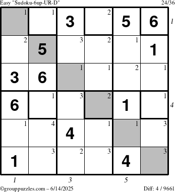 The grouppuzzles.com Easy Sudoku-6up-UR-D puzzle for Saturday June 14, 2025 with all 4 steps marked