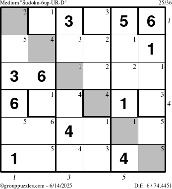 The grouppuzzles.com Medium Sudoku-6up-UR-D puzzle for Saturday June 14, 2025 with all 6 steps marked