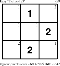The grouppuzzles.com Easy TicTac-123 puzzle for Saturday June 14, 2025 with the first 2 steps marked