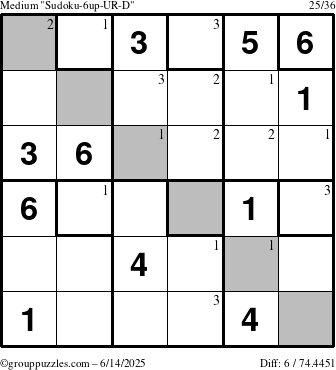The grouppuzzles.com Medium Sudoku-6up-UR-D puzzle for Saturday June 14, 2025 with the first 3 steps marked