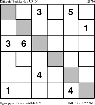 The grouppuzzles.com Difficult Sudoku-6up-UR-D puzzle for Saturday June 14, 2025