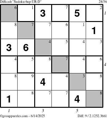 The grouppuzzles.com Difficult Sudoku-6up-UR-D puzzle for Saturday June 14, 2025 with all 9 steps marked