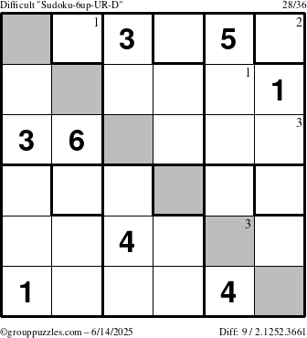 The grouppuzzles.com Difficult Sudoku-6up-UR-D puzzle for Saturday June 14, 2025 with the first 3 steps marked