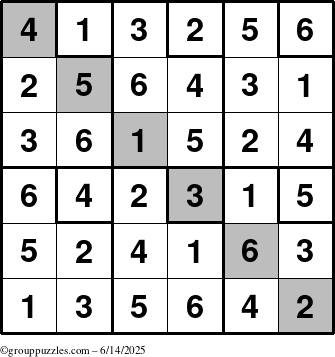 The grouppuzzles.com Answer grid for the Sudoku-6up-UR-D puzzle for Saturday June 14, 2025