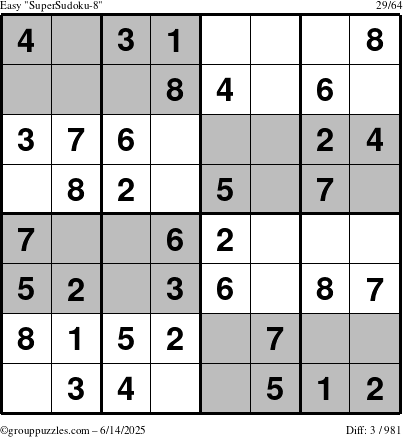 The grouppuzzles.com Easy SuperSudoku-8 puzzle for Saturday June 14, 2025