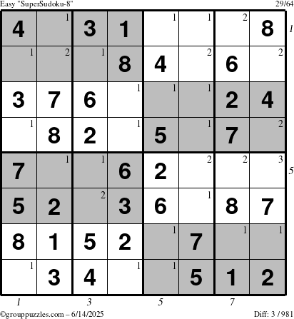 The grouppuzzles.com Easy SuperSudoku-8 puzzle for Saturday June 14, 2025 with all 3 steps marked