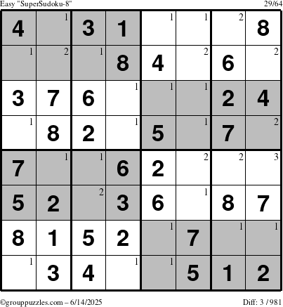 The grouppuzzles.com Easy SuperSudoku-8 puzzle for Saturday June 14, 2025 with the first 3 steps marked