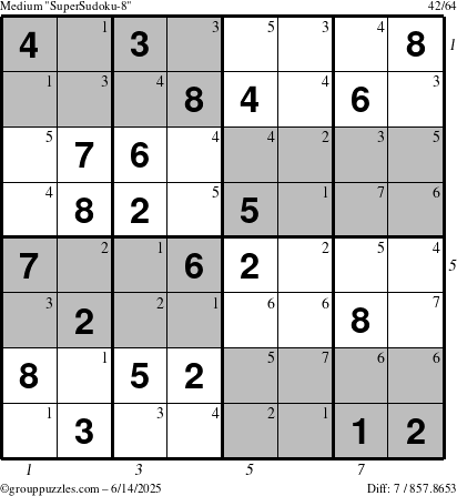 The grouppuzzles.com Medium SuperSudoku-8 puzzle for Saturday June 14, 2025 with all 7 steps marked