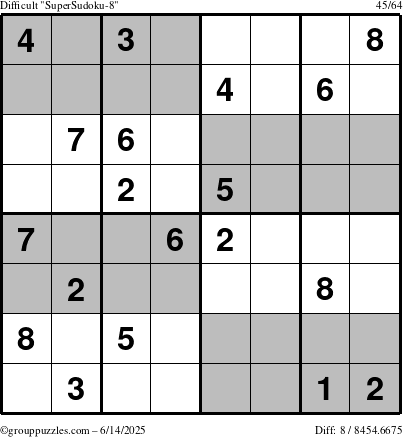 The grouppuzzles.com Difficult SuperSudoku-8 puzzle for Saturday June 14, 2025