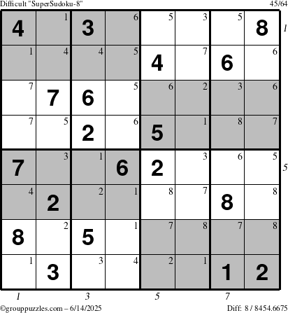 The grouppuzzles.com Difficult SuperSudoku-8 puzzle for Saturday June 14, 2025, suitable for printing, with all 8 steps marked