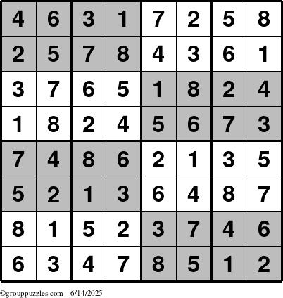 The grouppuzzles.com Answer grid for the SuperSudoku-8 puzzle for Saturday June 14, 2025